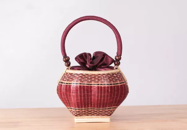 Bamboo Handmade Mini Bamboo Wicker Round Handbag (Red)
